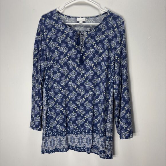 J. JILL Women’s TOP  SM-TIE KEYHOLE NECK LONG BUTTON SLEEVE Rayon Floral M - Picture 1 of 12